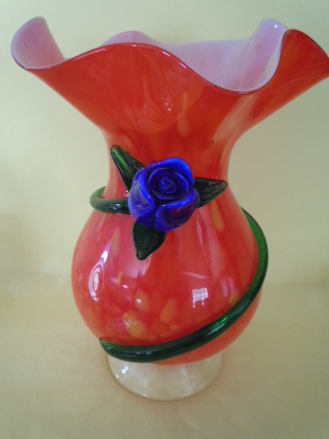 Large Red Glass Vase with applied Blue Glass Rose, Green Petals and Stem - Art Glass