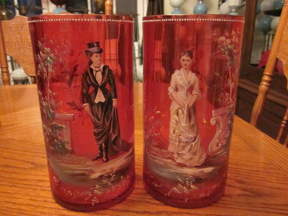 19th Century Victorian Cranberry Enameled Glass Moser Vases  - Art Glass
