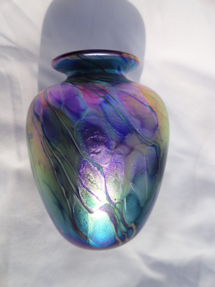 Blue and Purple Iridescence vase signed A. Allison V3-105-AO - Art Glass