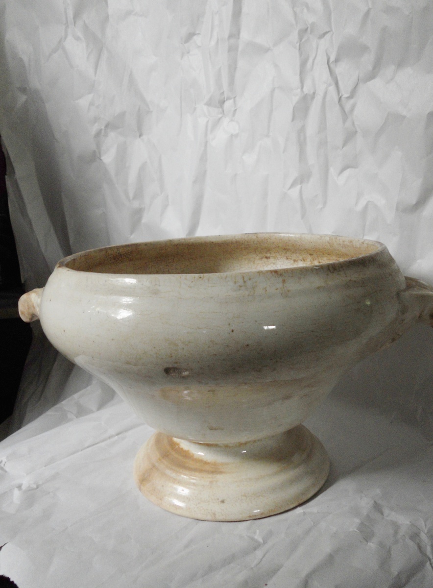 petrus regout maatrichts large footed earthenware bowl or tureen w/holes in the handles