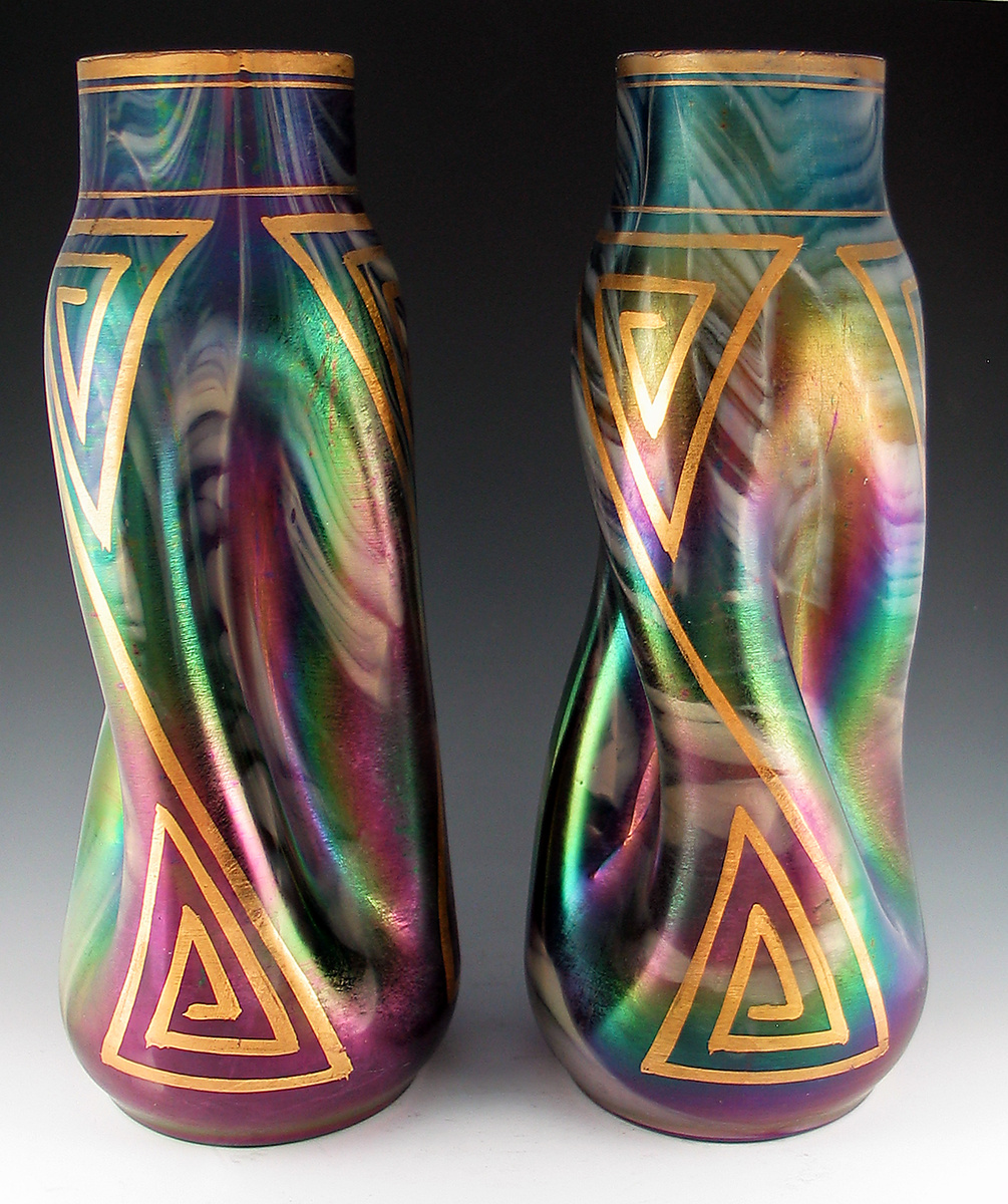 Rindskopf Marbled Decor Vase Pair w/ Secessionist Geometric Enameling