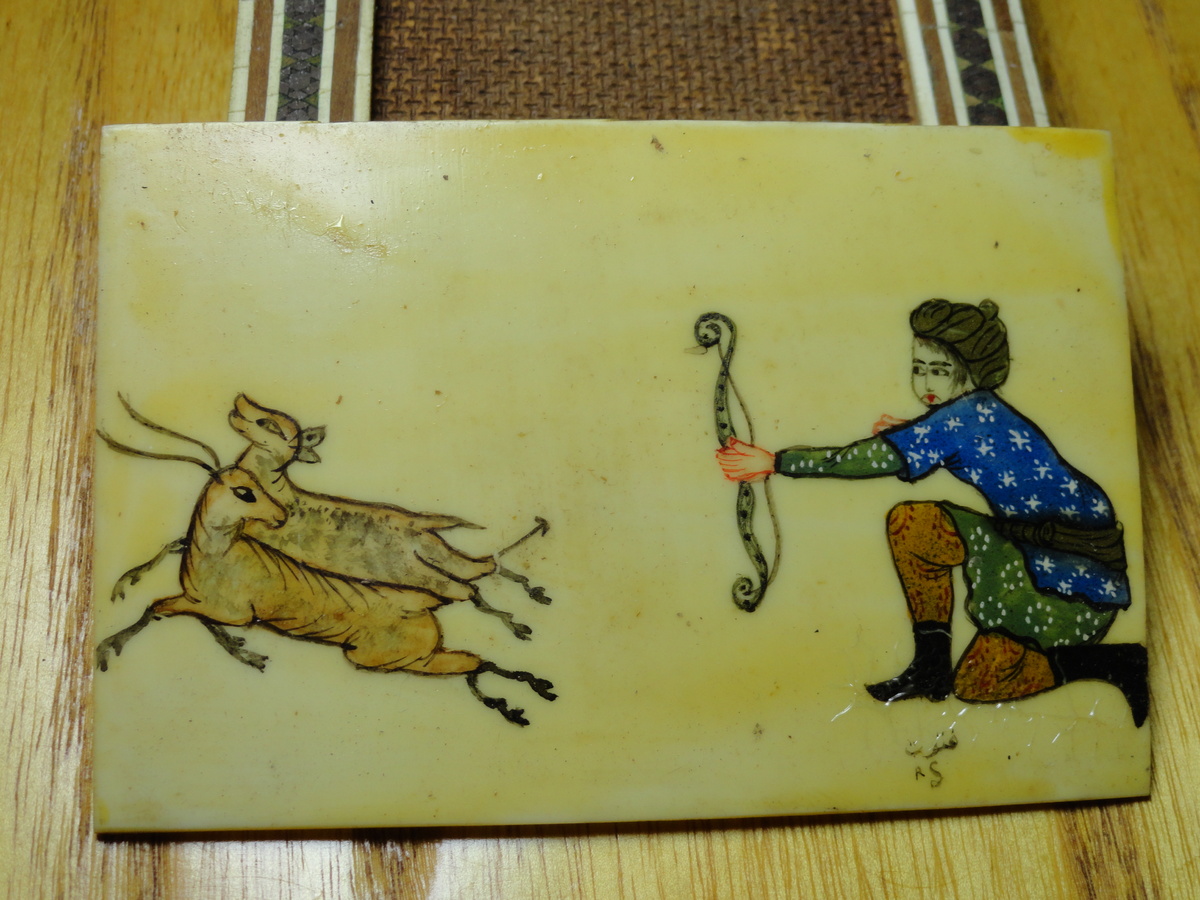 Signed Painted "Ivory" (?) Plaque with Middle East, Asia, or Eastern Europe Painting 3.5 inches wide - Asian