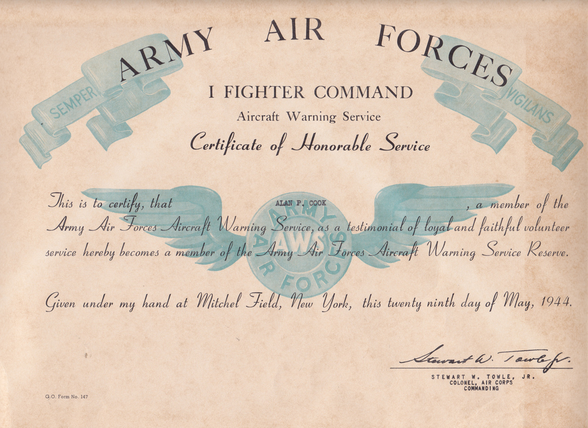 Certificate ofAircrafy Warning Service, 2 letters