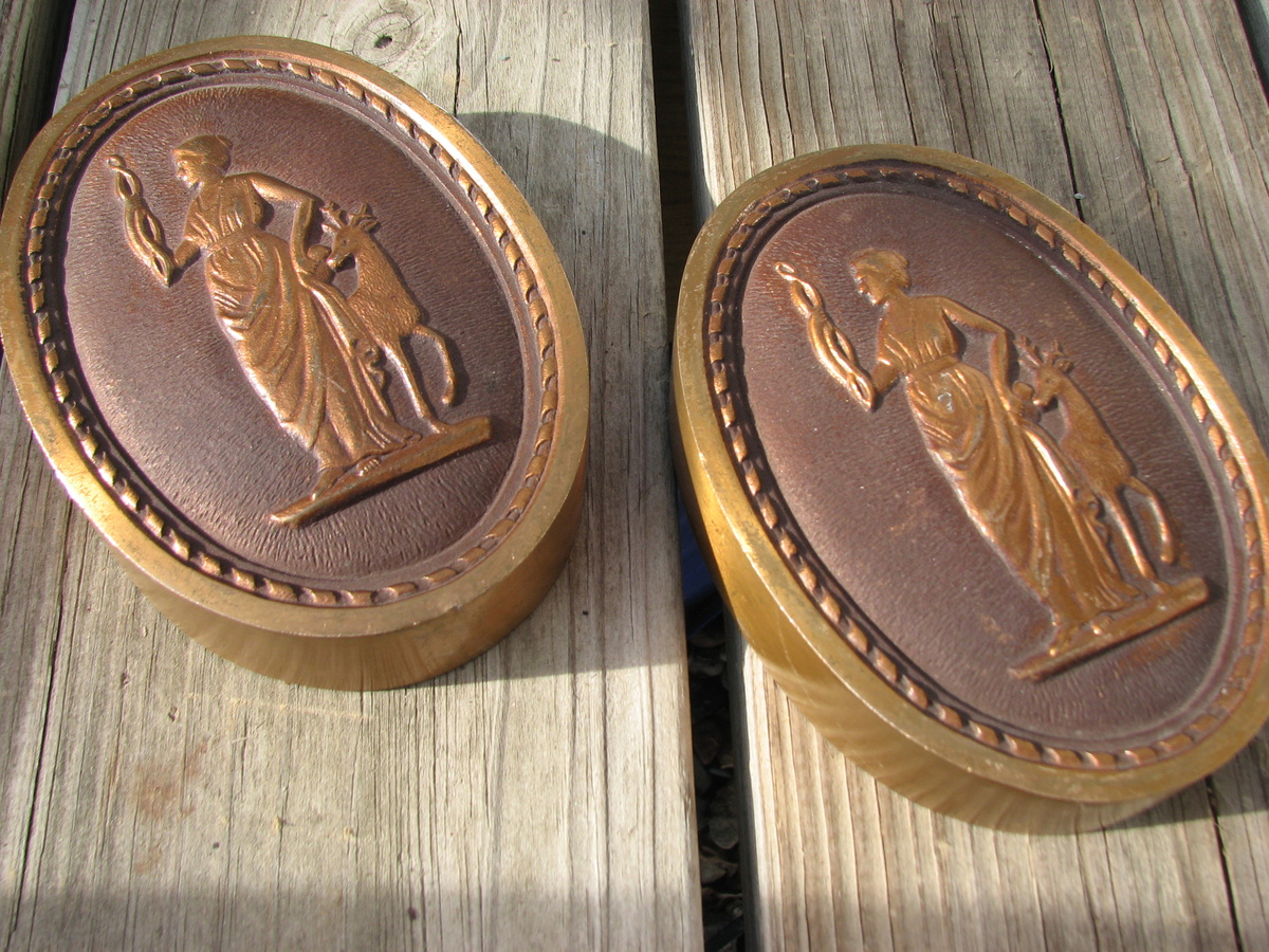 Awesome HEAVY Cast Bronze Relief Greek Goddess w/ Deer Wall Plaque Pair