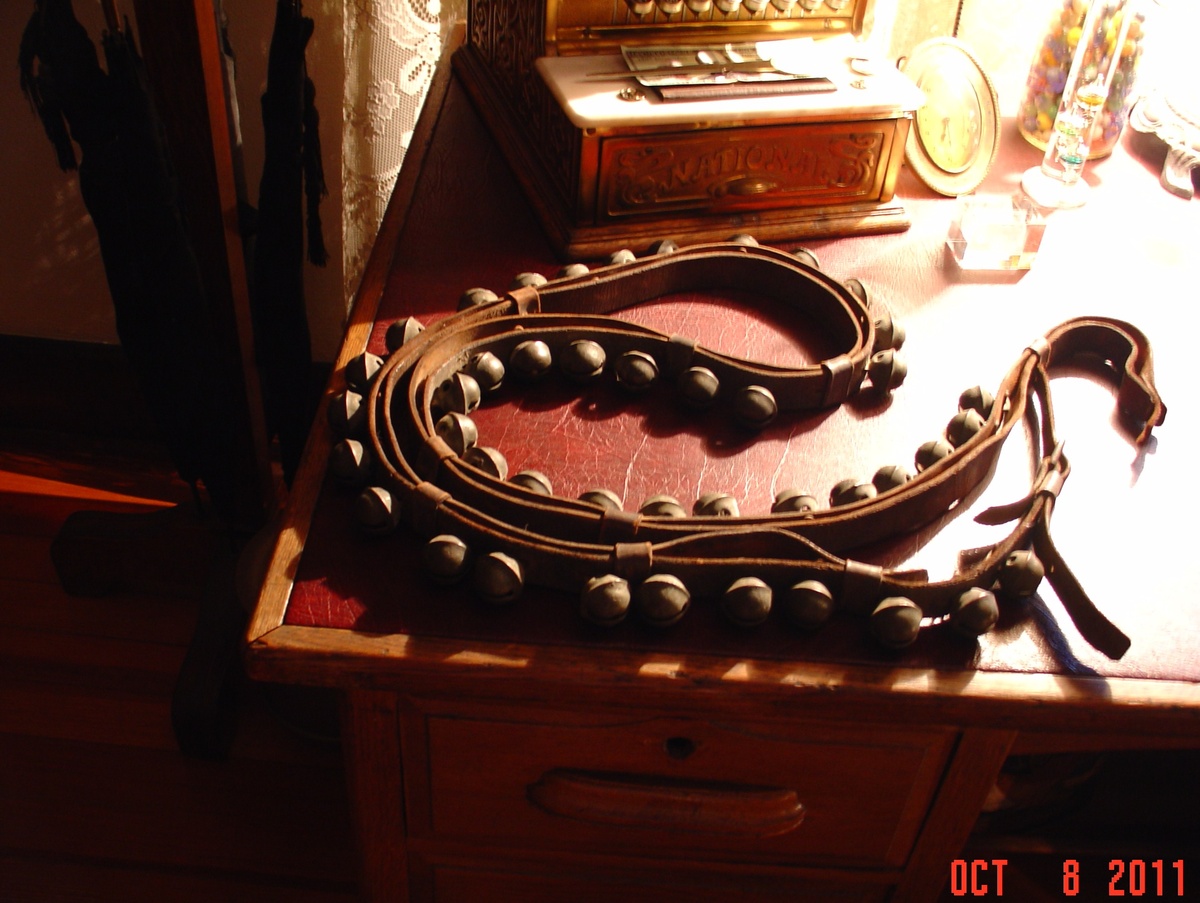 Antique Brass Sleigh Bells...Leather Strap...Forty-Three Total
