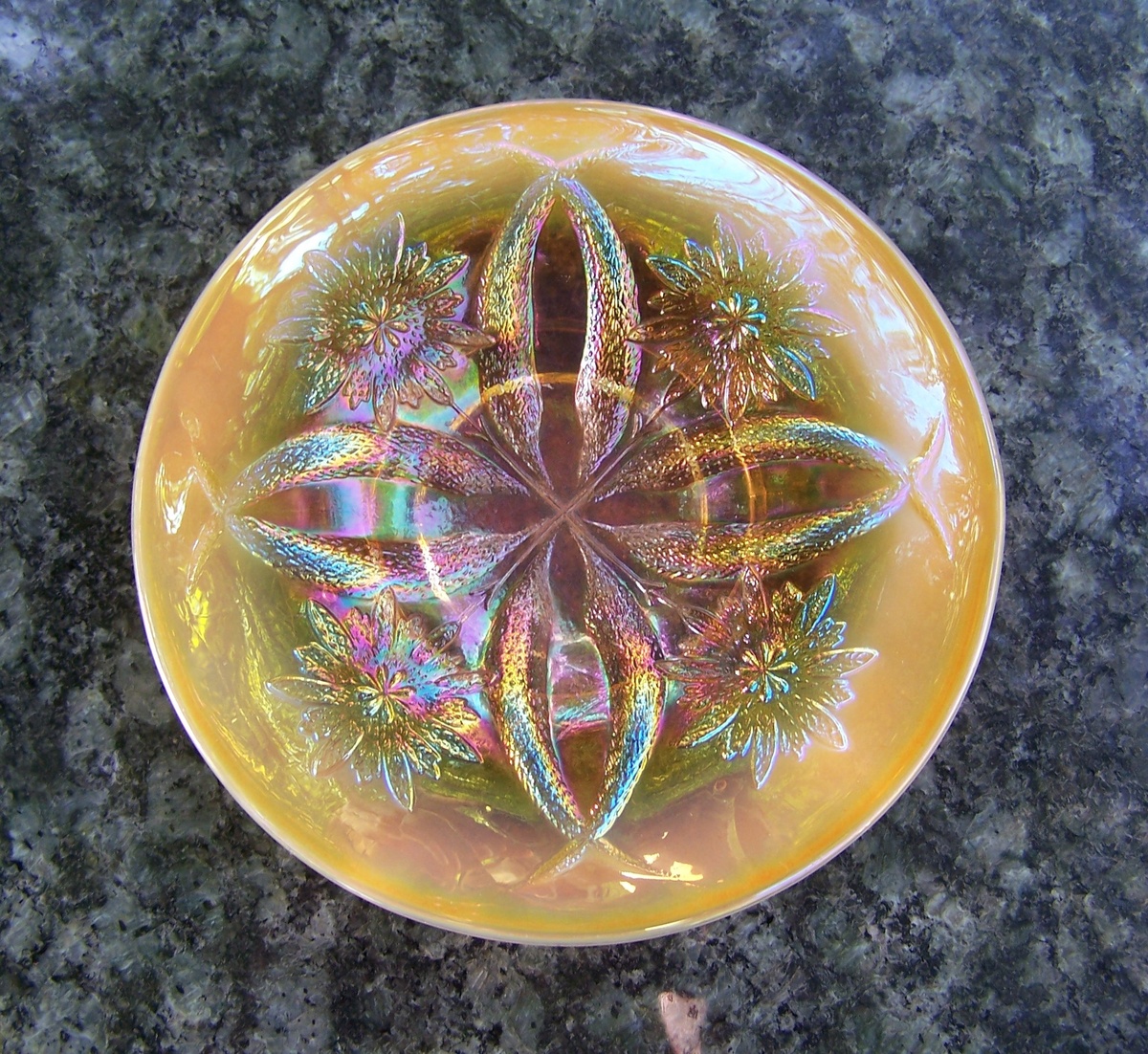 Dugan Four Flowers Peach Opalescent Small Plate - Glassware