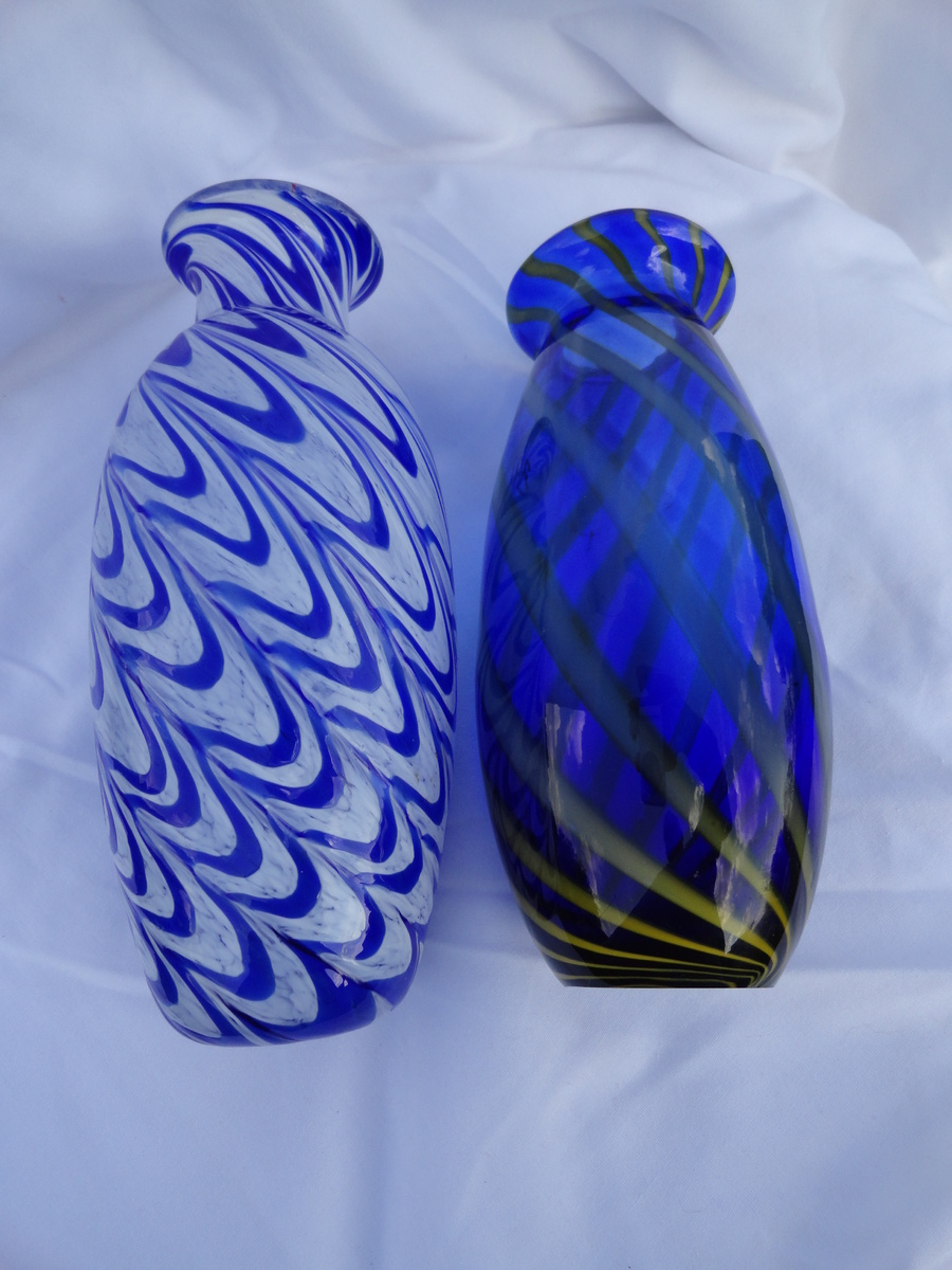 Two Blown Glass Vases - Blue and White is textured and a Blue and Yellow - Art Glass