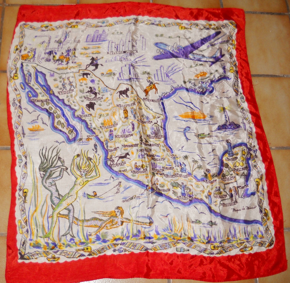 40's - 50's Mexico map souvenier scarf with frolicing mermaids