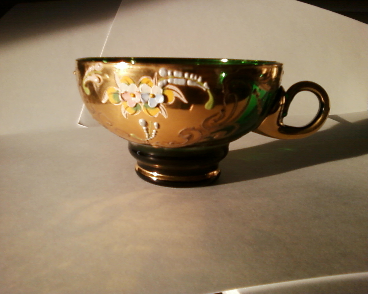 18-24K Gold Enameled Green Glass Cup - Glassware