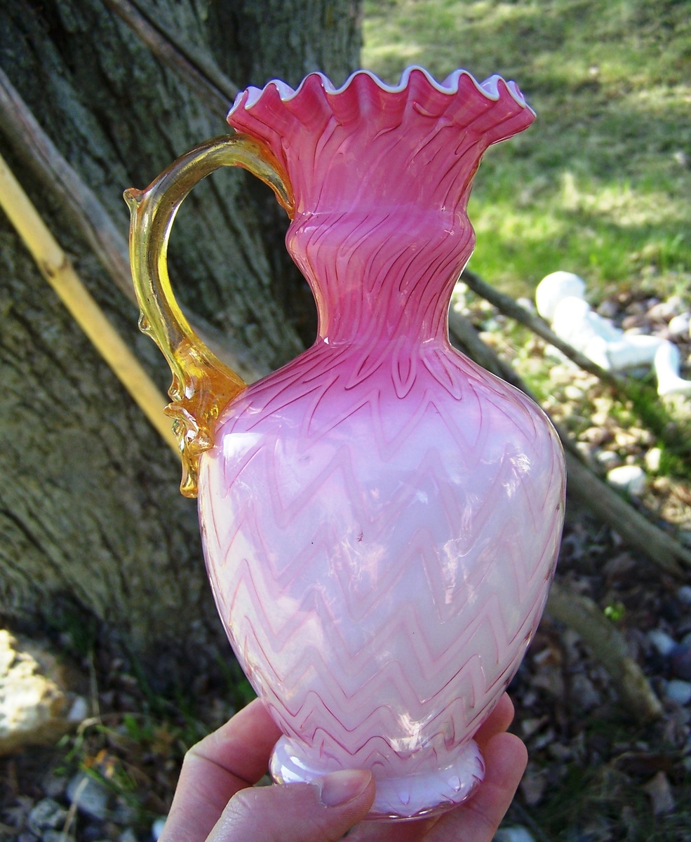 Mt. Washington Glass 1890s Herringbone Thorn Handled Vase