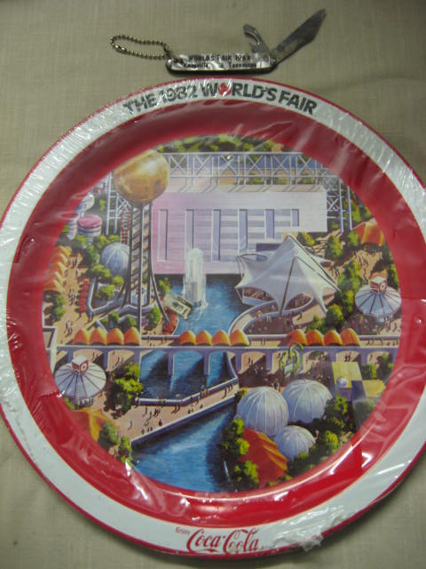 1982 Knoxville Worlds Fair Coca-Cola tray and WF pocket knife