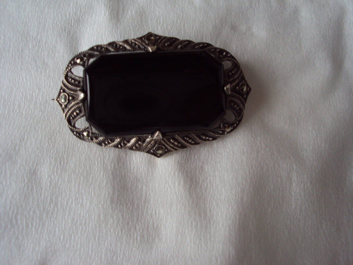 Onyx and Marcasite Brooch
