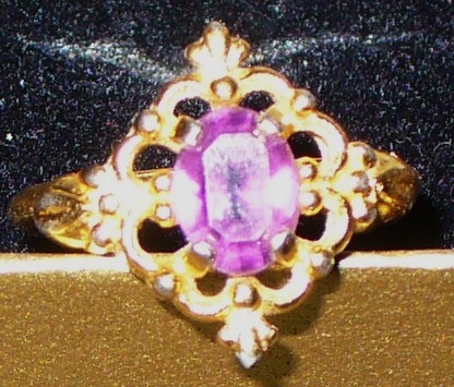 Purple Glass and Gold Filigree Ring - Costume Jewelry