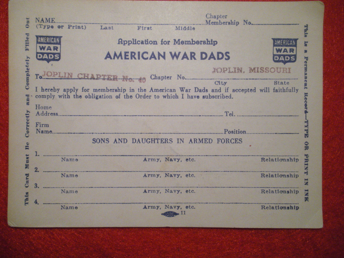 Application for Membership AMERICAN WAR DADS Joplin Missouri Chapter 40 - Military and Wartime