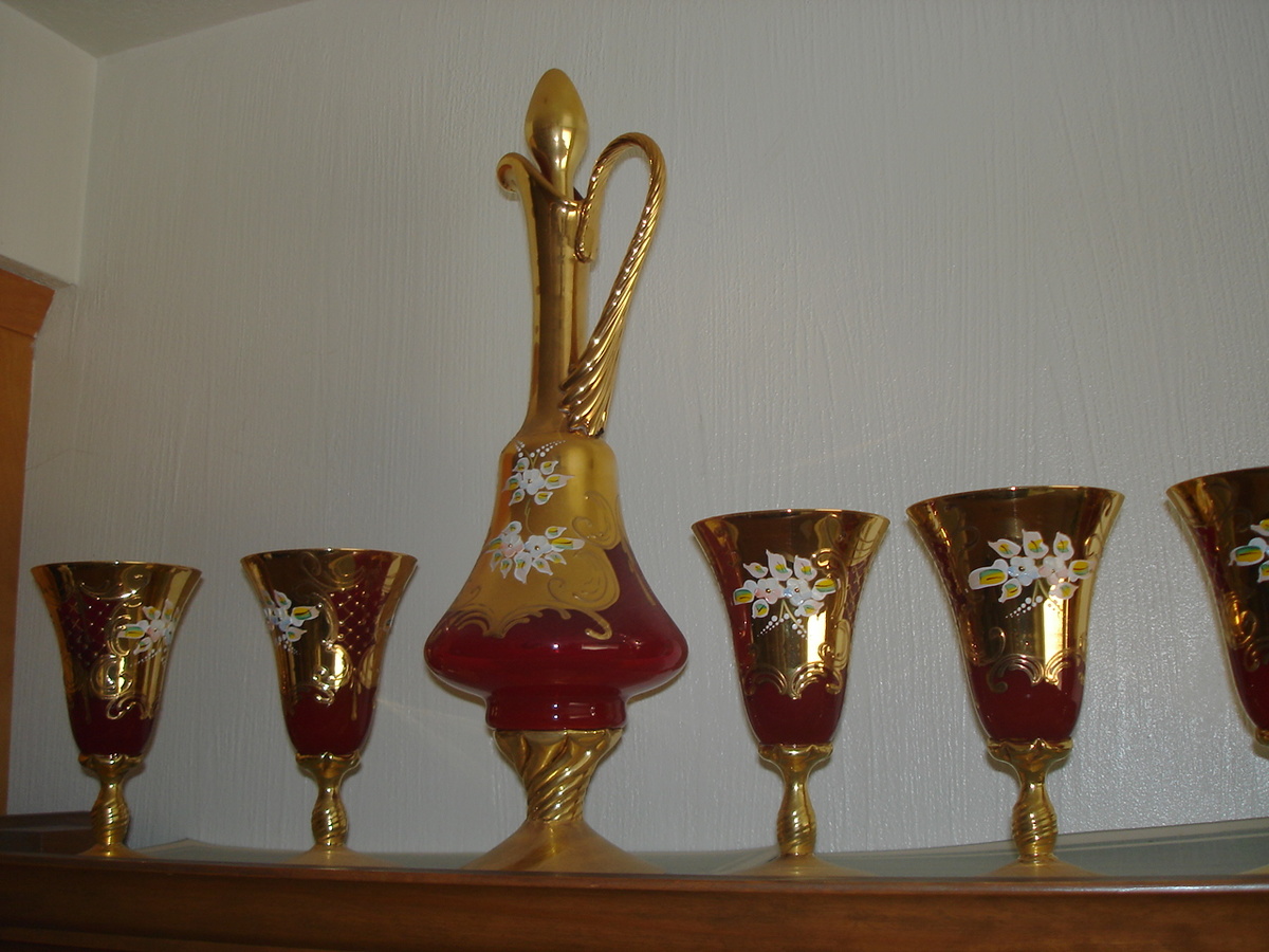 1950's gold covered wine carafe and glasses set