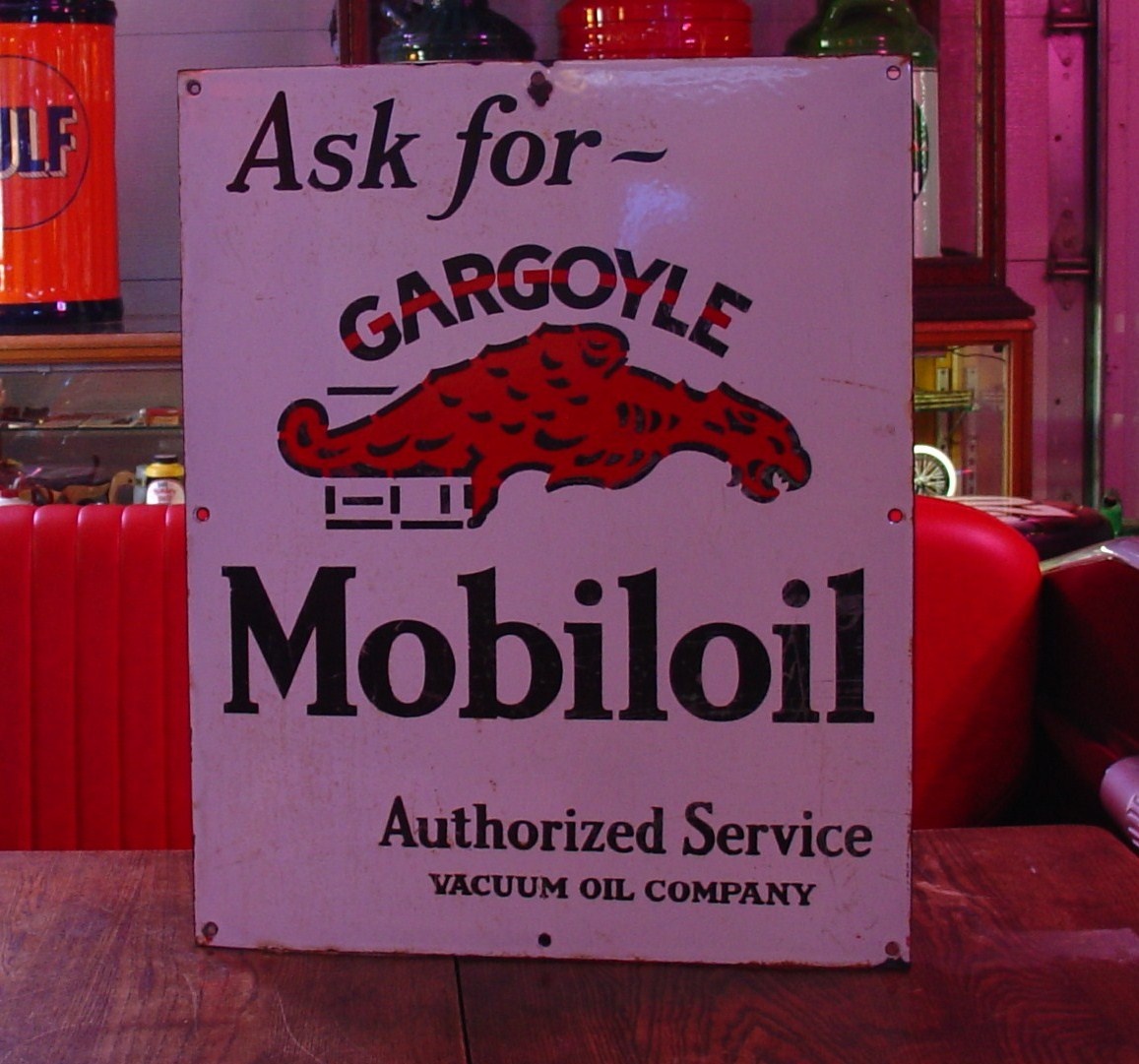 1920's Porcelain Sign...Ask for Gargoyle Mobiloil...Authorized Service Vacuum Oil Company