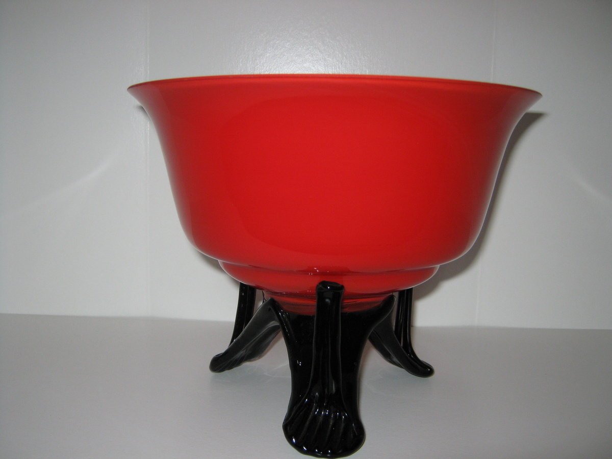 Czechoslovakia Red glass compote with aplied amethyst feet Kralik or welz