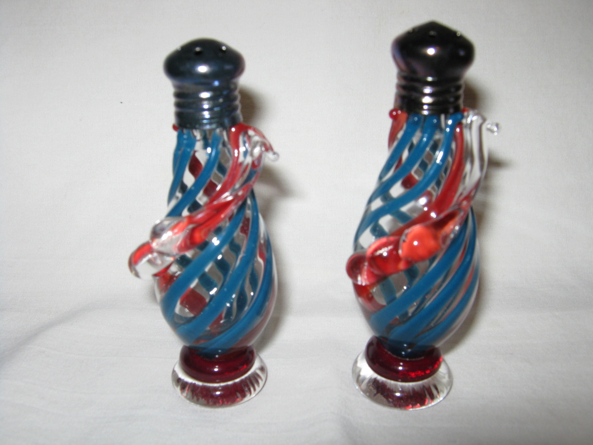 Bimini ? art glass salt and pepper shakers w/ sterling silver caps