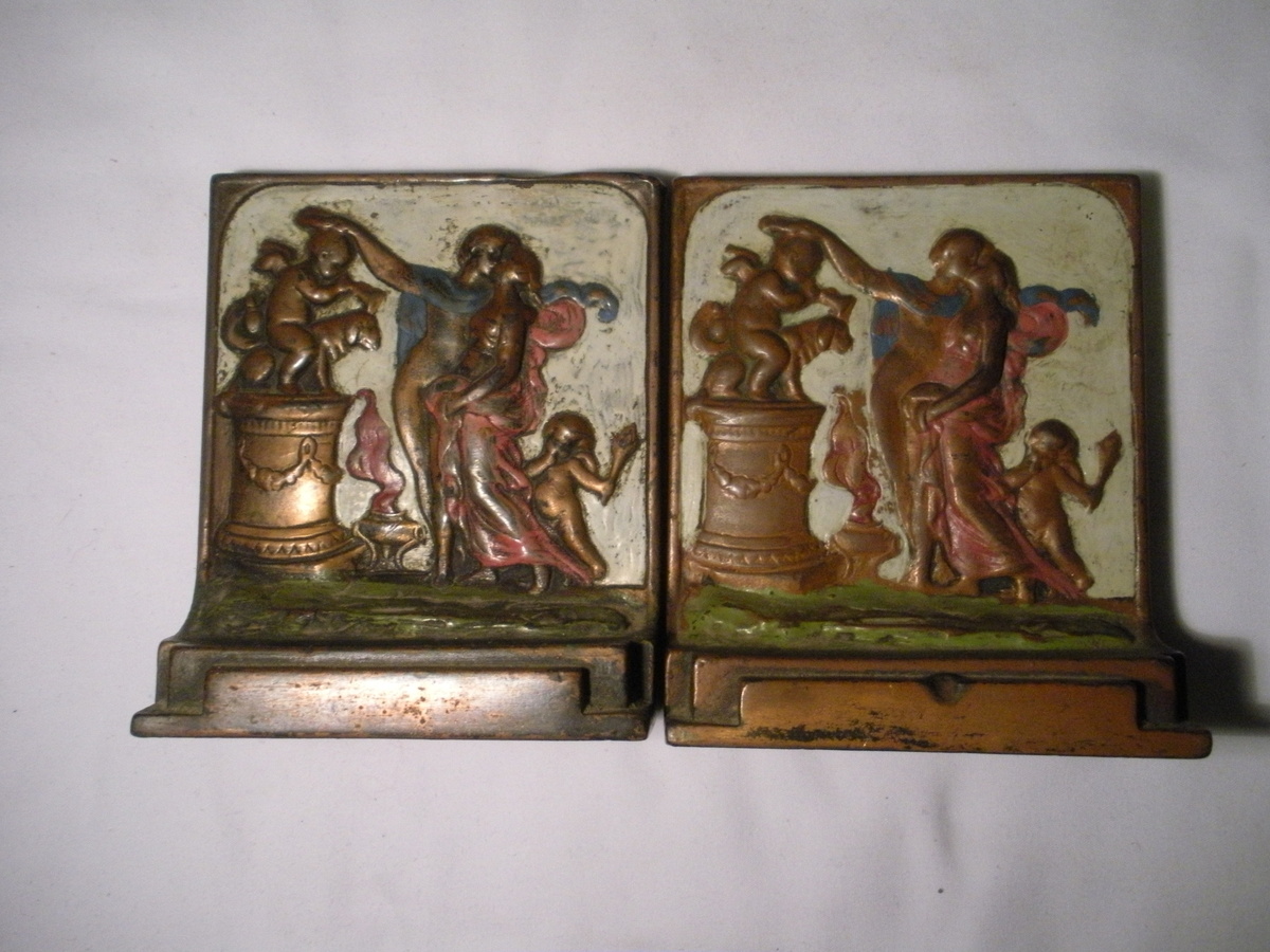 Polychrome Bronze BOOKENDS -- Altar of Love -- made by the Pompeian Bronze Co.  - Art Nouveau