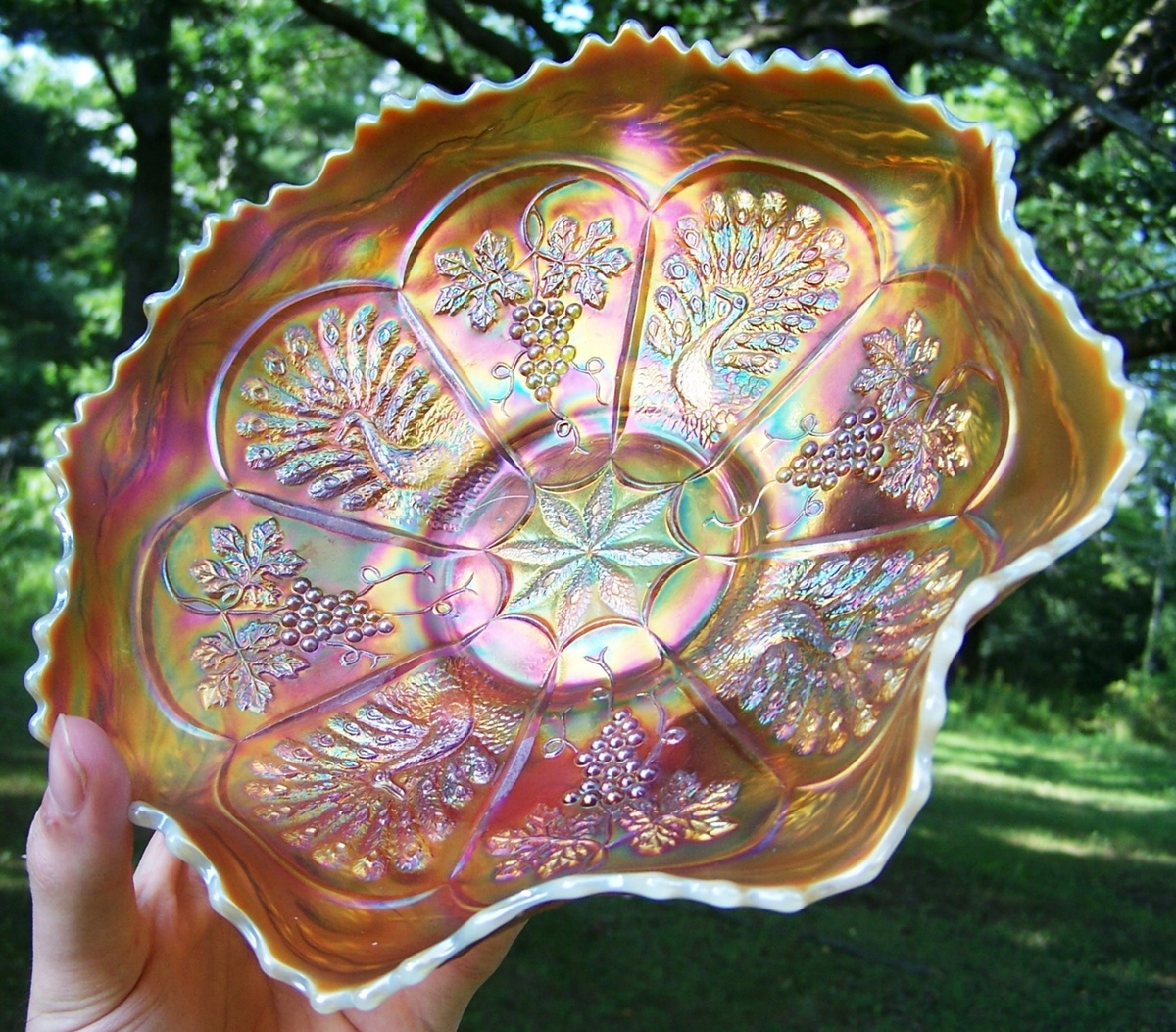 Ultra Rare Fenton Opal Peacock and Grape with Vaseline Collar - Glassware