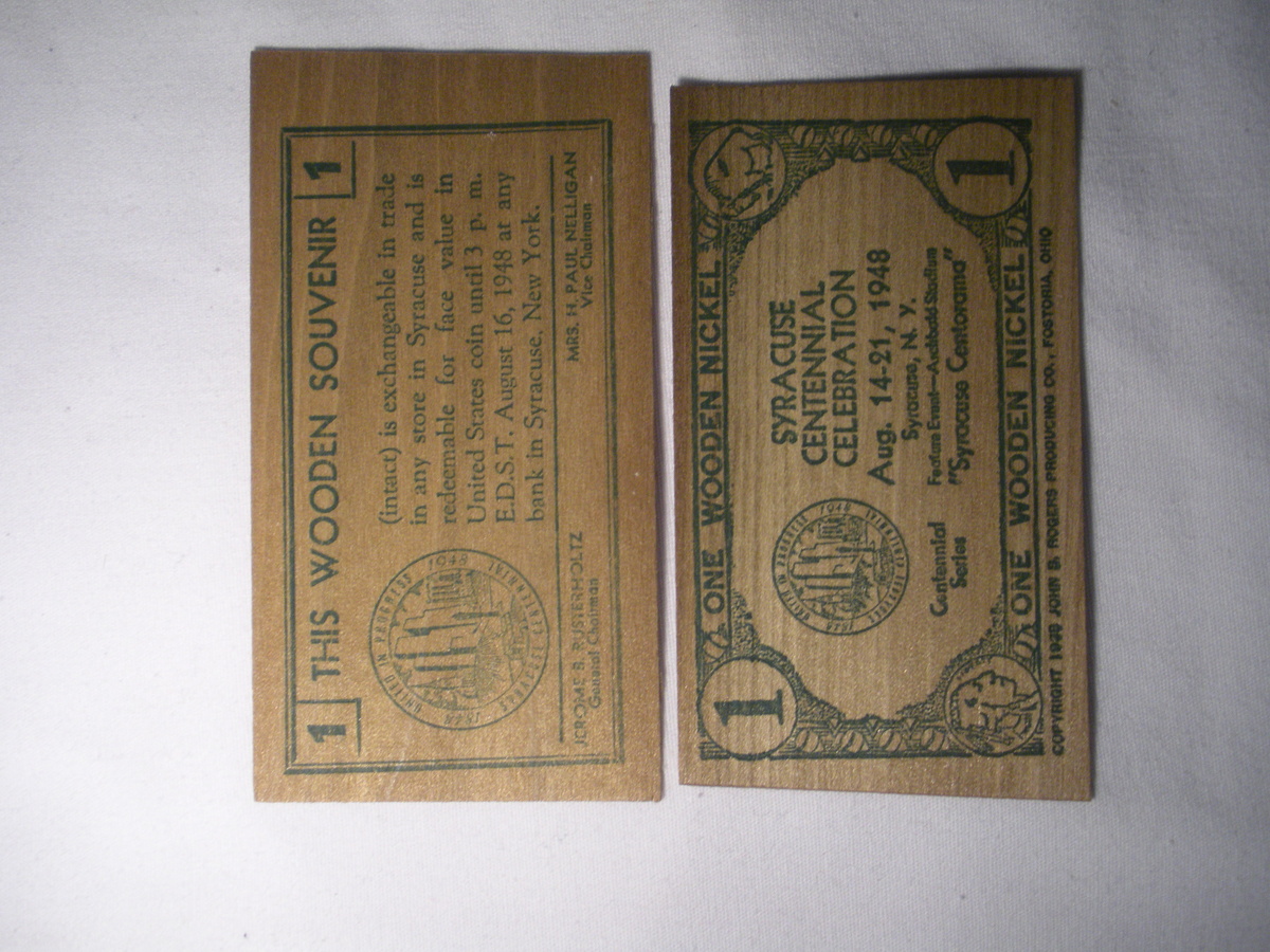 Rectangle Wood Nickels -- SYRACUSE NY Centennial Celebration 1948 "Syracuse Centorama"