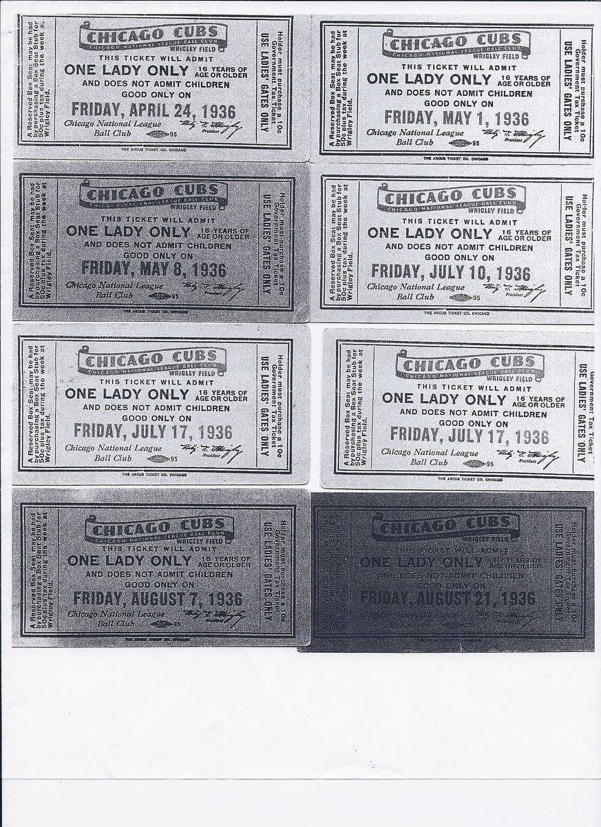 1936, 1937, 1938 and 1939 Chicago Clubs One lady only Tickets
