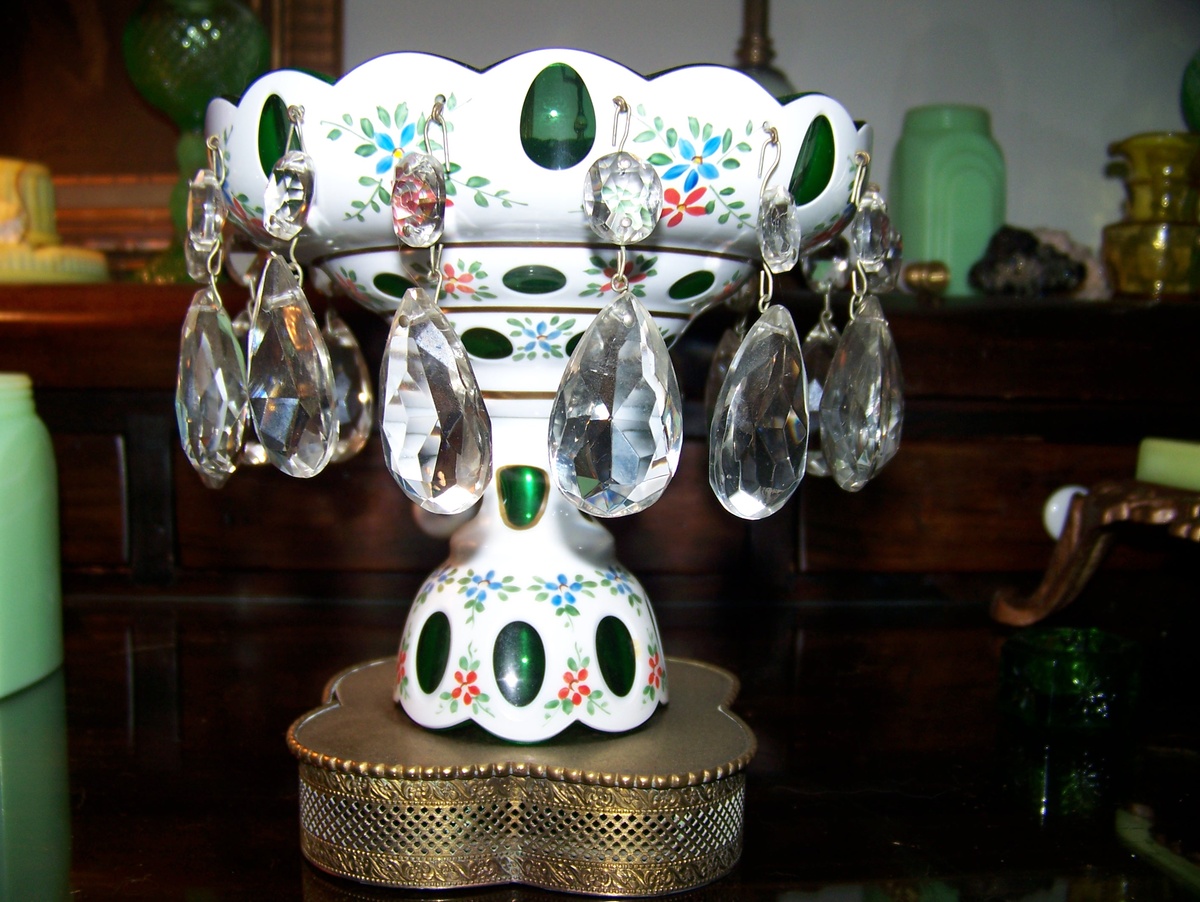 Bohemian Overlay cut to green lustre? Compote ?