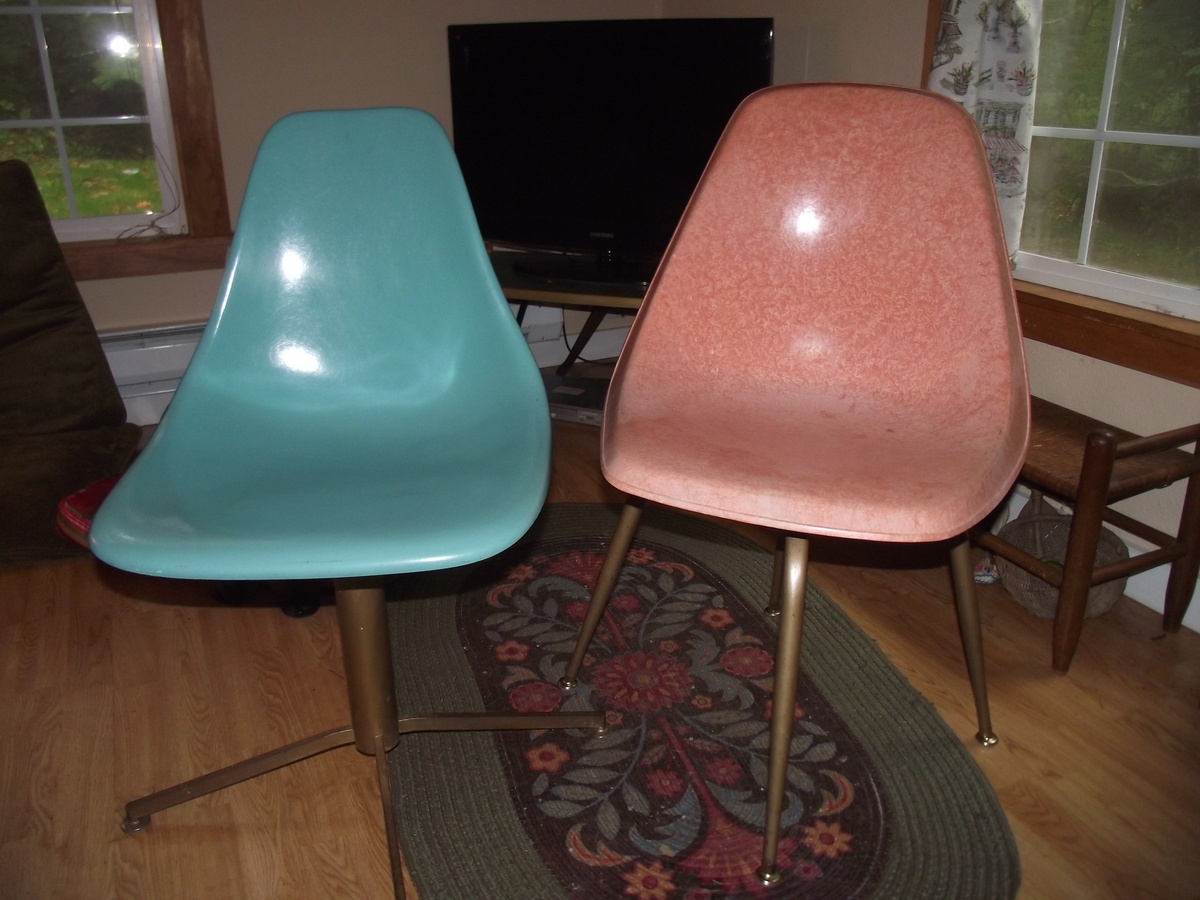 Two Plastic (Fiberglass?) 50's chairs--Pink and Blue