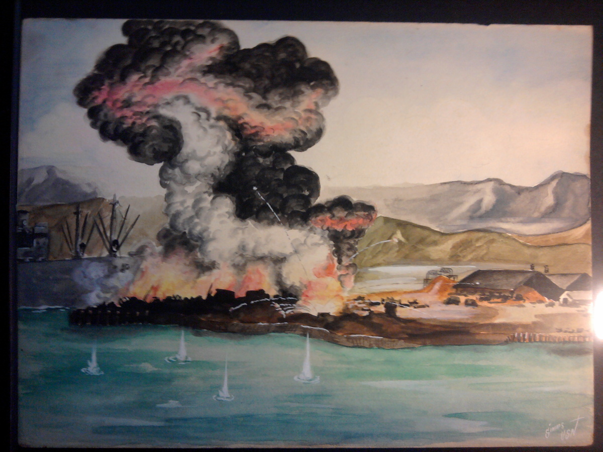 My grandfathers WW2 battle scene painting's that he sent home from the Pacific. - Military and Wartime
