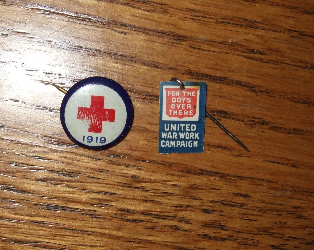 Red Cross Doner Pin and For the Boys Over There label pin.
