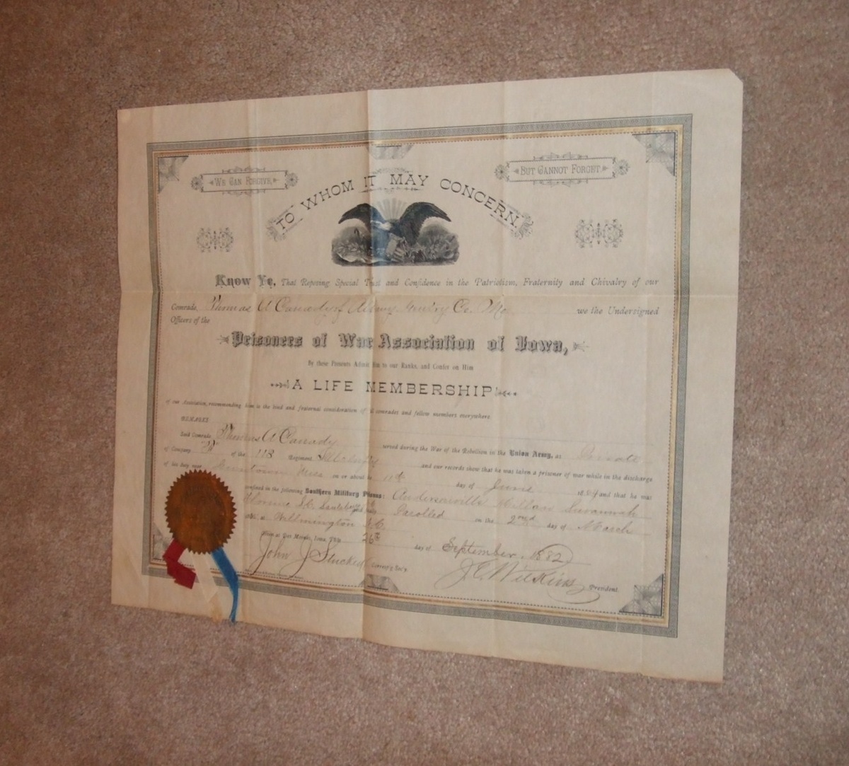 Ex Union Prisoner Association membership document Andersonville survivor