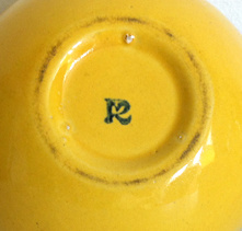 Unknown yellow vase or planter with "R", is it Roseville Pottery?