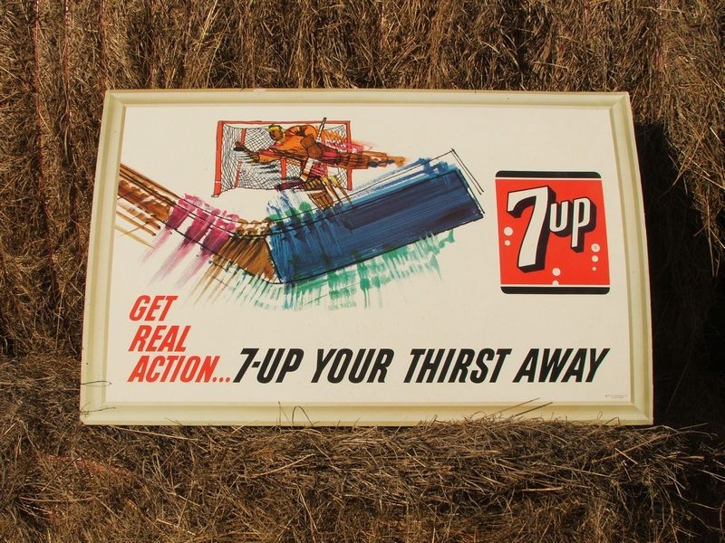 cardboard sign 7 - UP  Your Thirst away  apx. 20 X 36 found in an old church