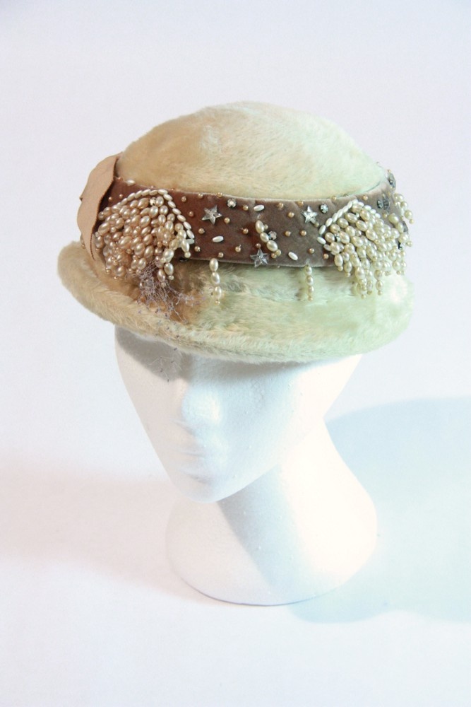Frost Bros. Pillbox Style Hat with Pearl, Velvet, Rhinestone and Star Beads