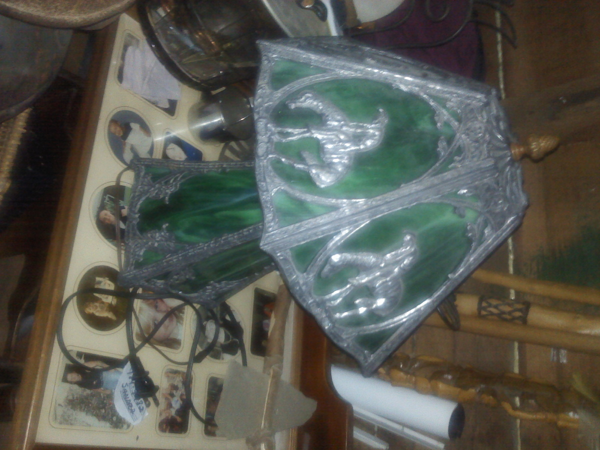 green slag lamp would like to knw more about it please value date made  - Lamps