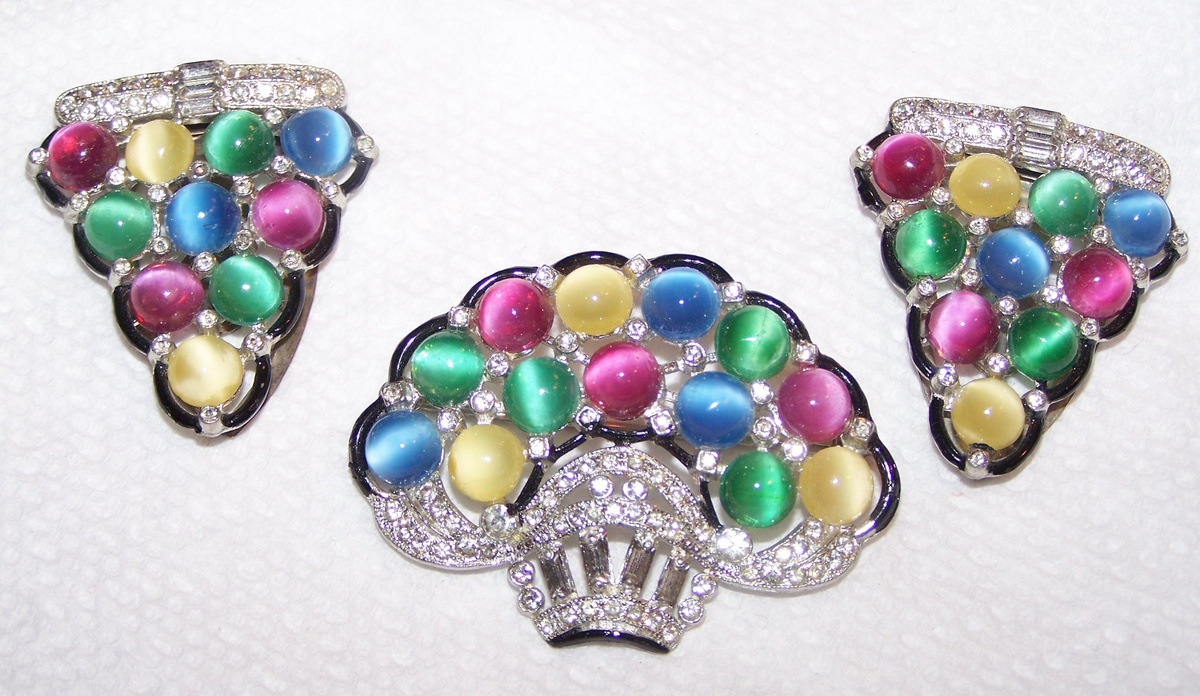Pastel Cabochon Set - 2 Dress Clips and a Brooch - Costume Jewelry