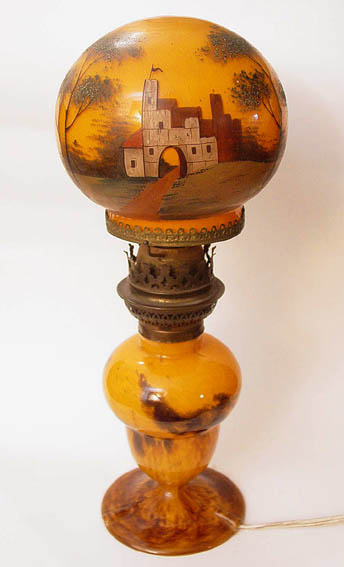 Painted Glass Globe Table Lamp Decorated with Castle Maker Unknown