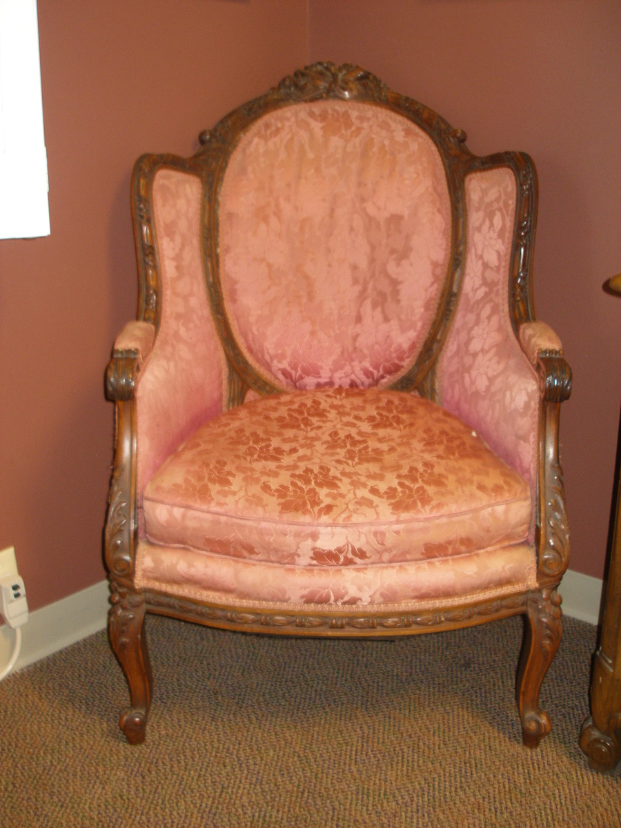 carved chair, musical instruments 