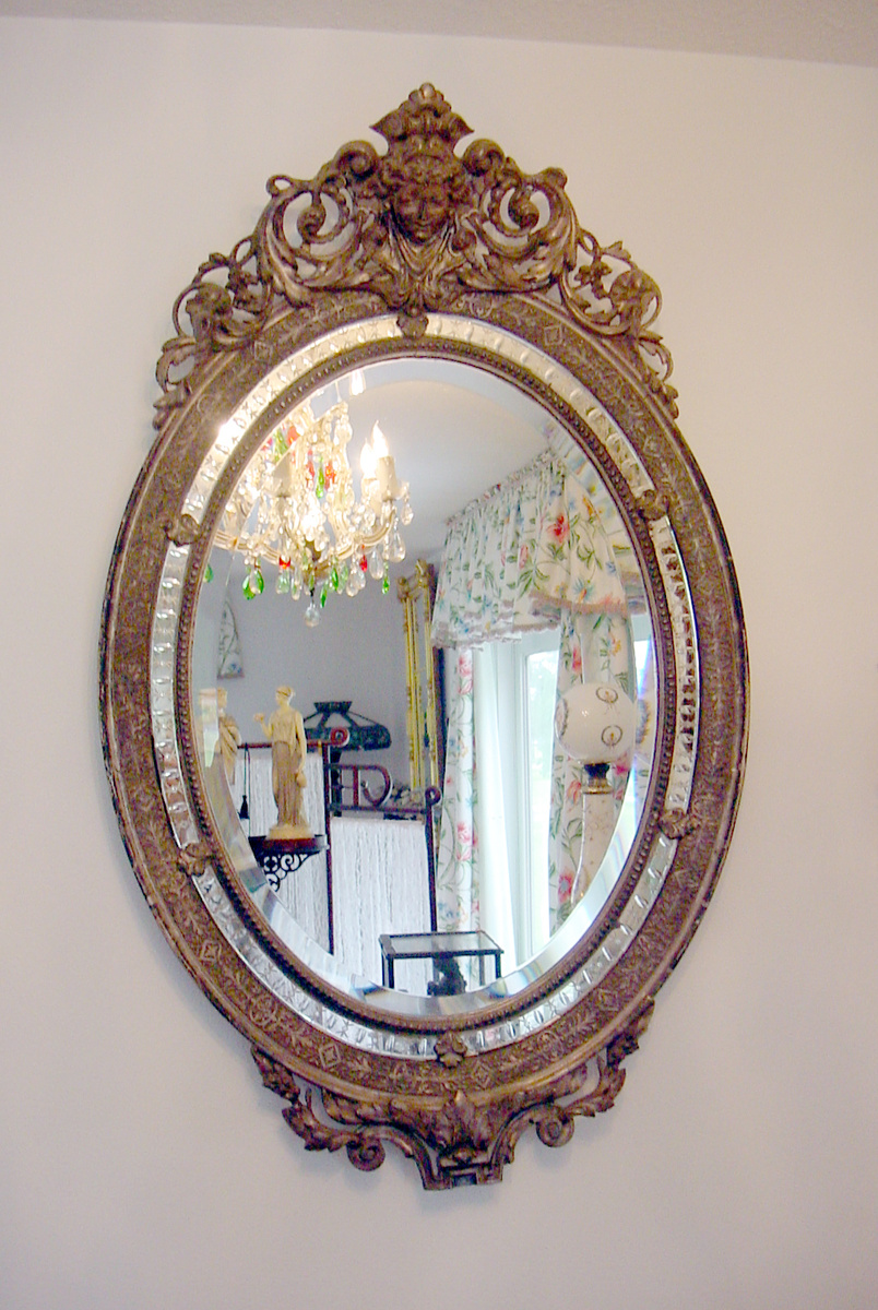 Antique Gilt Sterling Silver Oval Wall Mirror w Queen Cameo Hand Carved