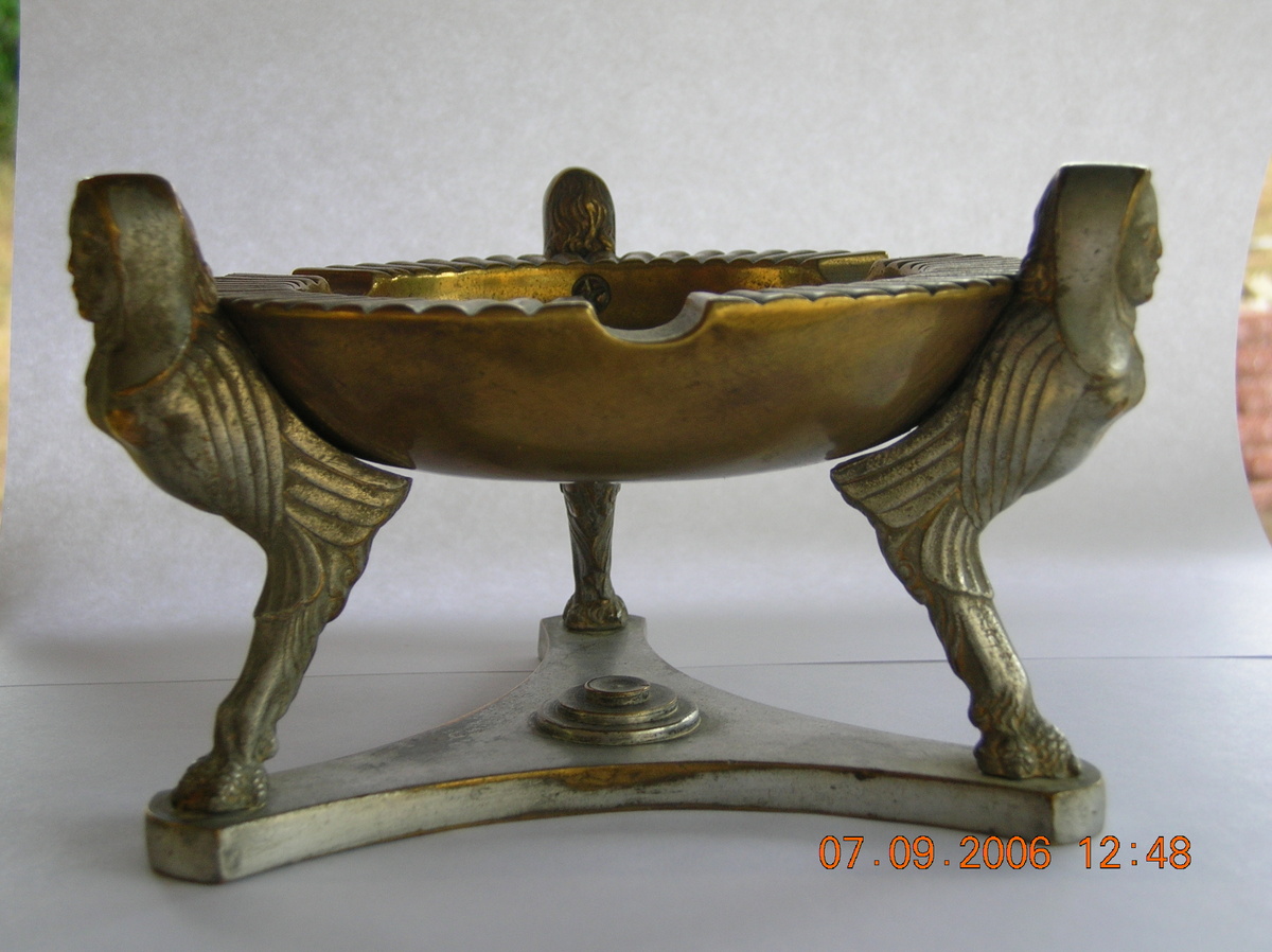 Egyptian Revival Figural Ashtray/brass w/nickle plated figurines 