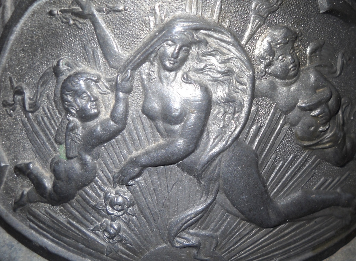 Old Oil Lamp, raised angels, Metal