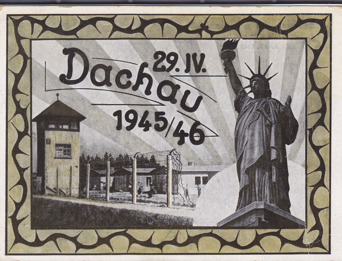 WWII Postcard with Dachau and Statue of Liberty 1945