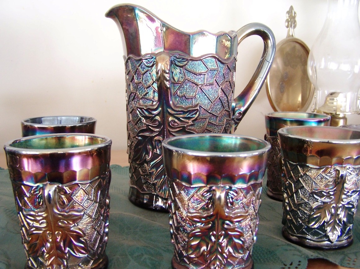 Dugan Carnival Glass Maple Leaf Water Set and Sherbets - Glassware