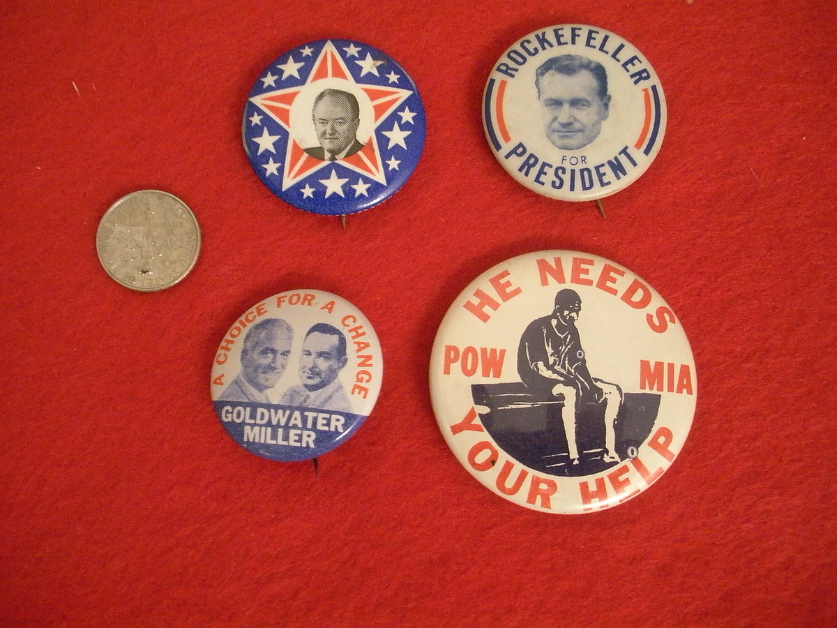 Political Pinbacks Hubert H. Humphrey, Rockefeller, Goldwater and a POW MIA badge from the 1960s - Advertising