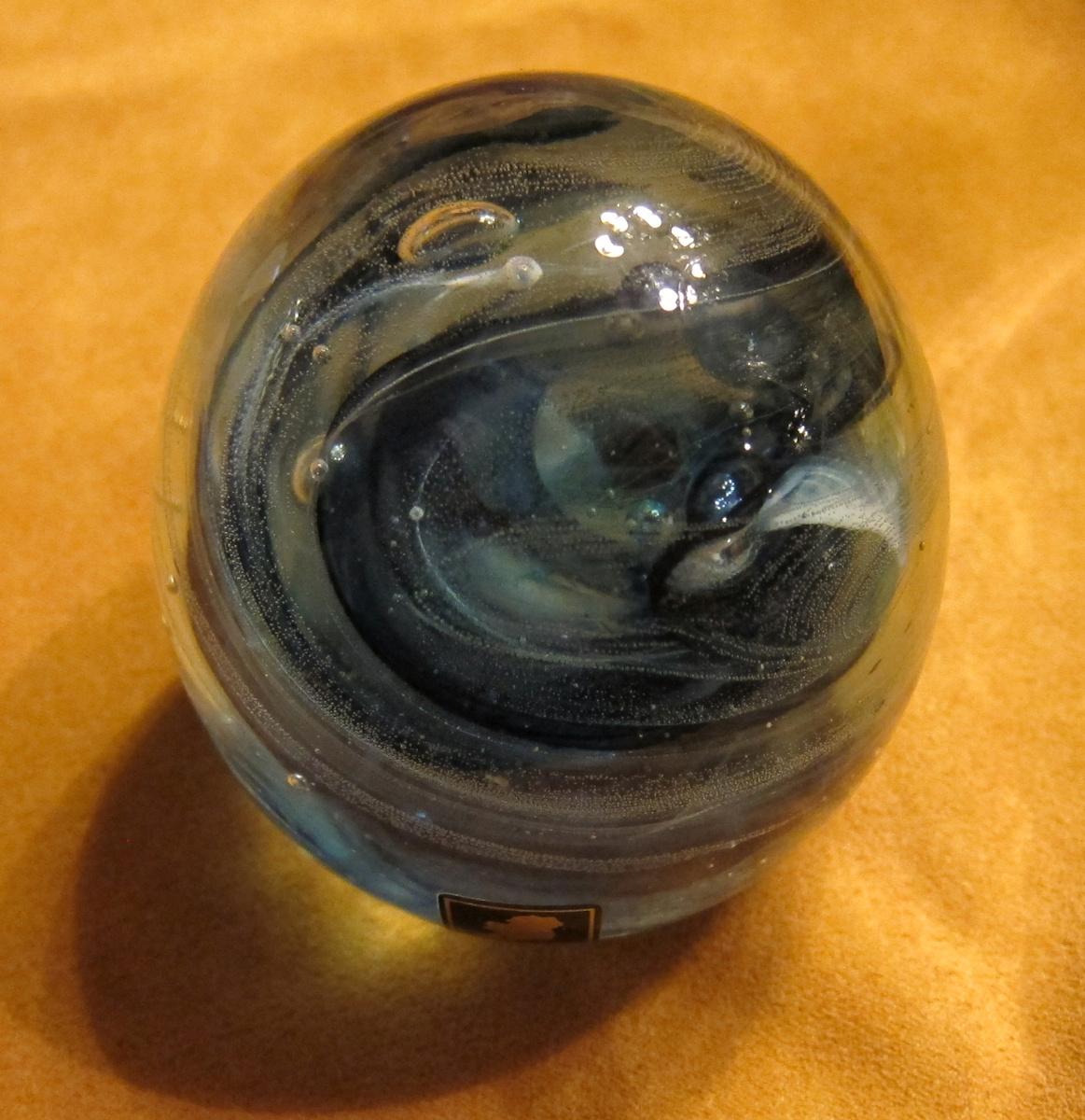 Vintage Kerry Glass Ireland Handmade Blue Swirl Paperweight - Paper Label