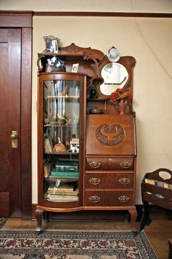 Victorian Secretary with Curved Glass Cabinet