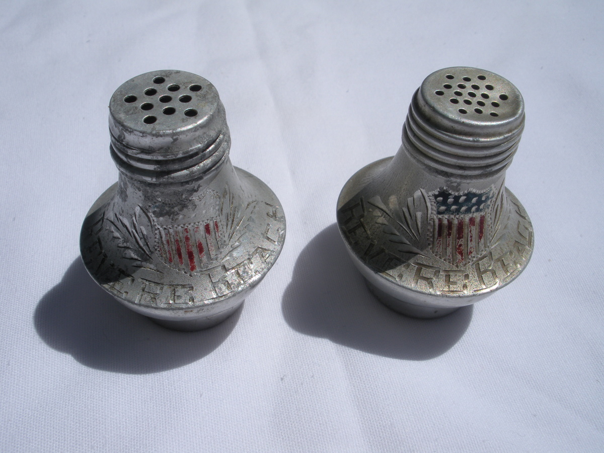 Antique aluminum REVERE BEACH Salt and Pepper Shakers - With USA Shield in red & blue