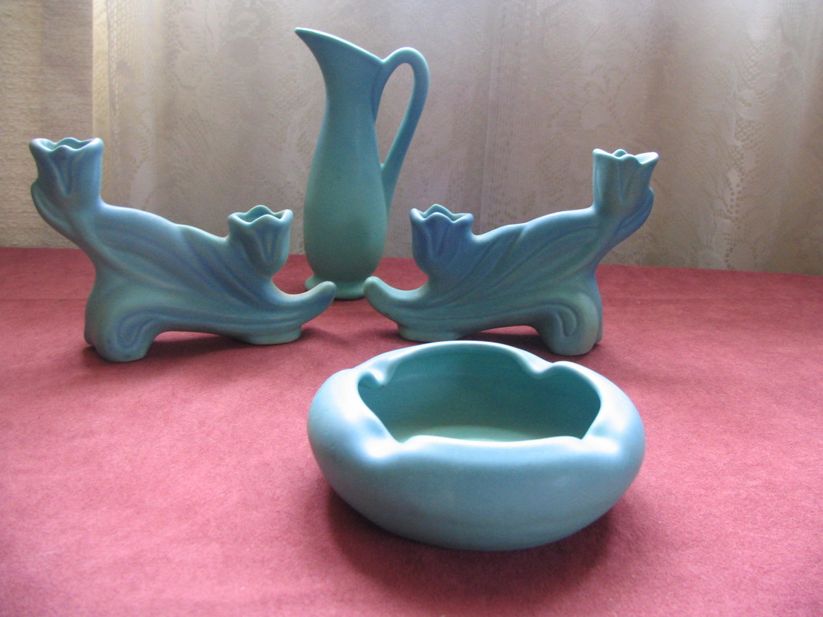 Green Van Briggle Candlesticks, vase and ashtray