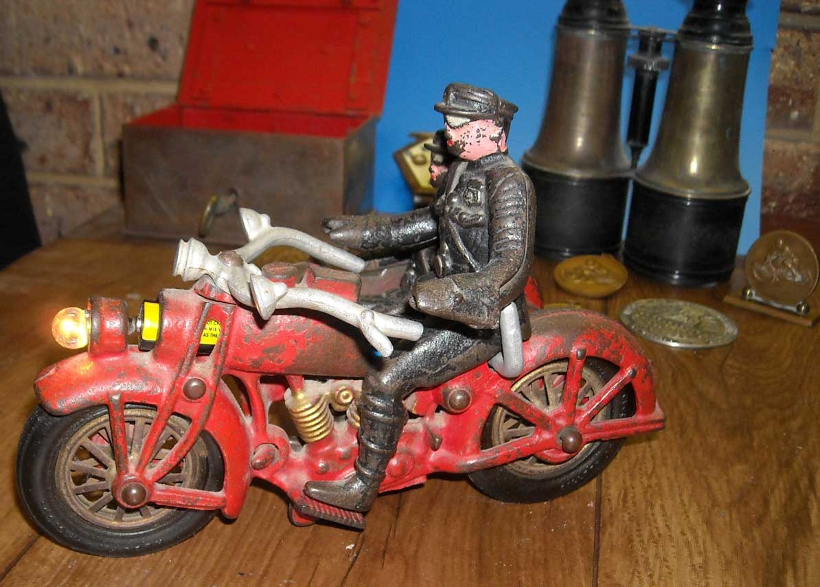 Cast iron police motor bike with sidecar and working light 