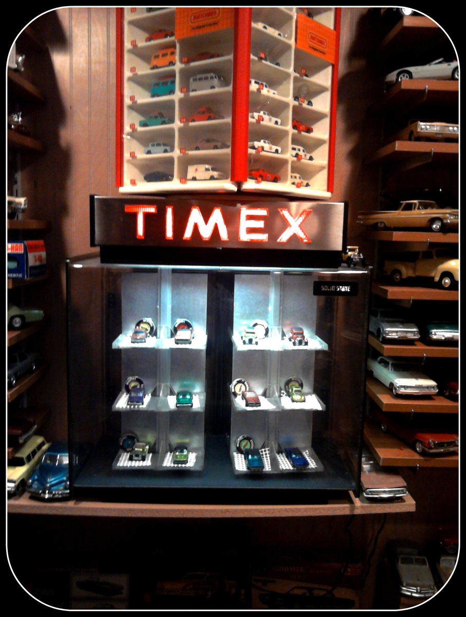An old $30 Timex case that revolves is the perfect place for my Redlines and Matchbox cars...
